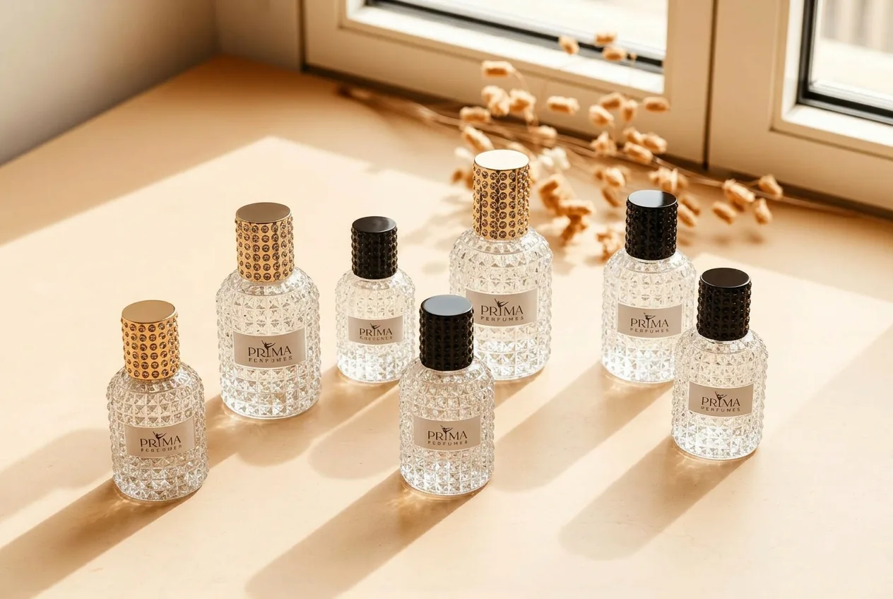 Curated luxury perfume bottles in warm window light